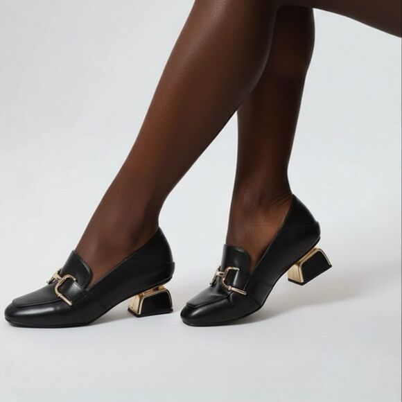 Shoes - Black Leather square Toe Loafer Heels Gold Hardware Size 5 NWOT